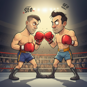 Cartoon boxers, representing SEO and GEO, in a ring fighting