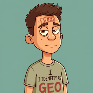 cartoon character with a shirt that says i identify as geo