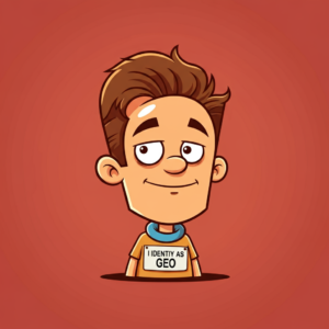 cartoon character with a shirt that says i identify as geo